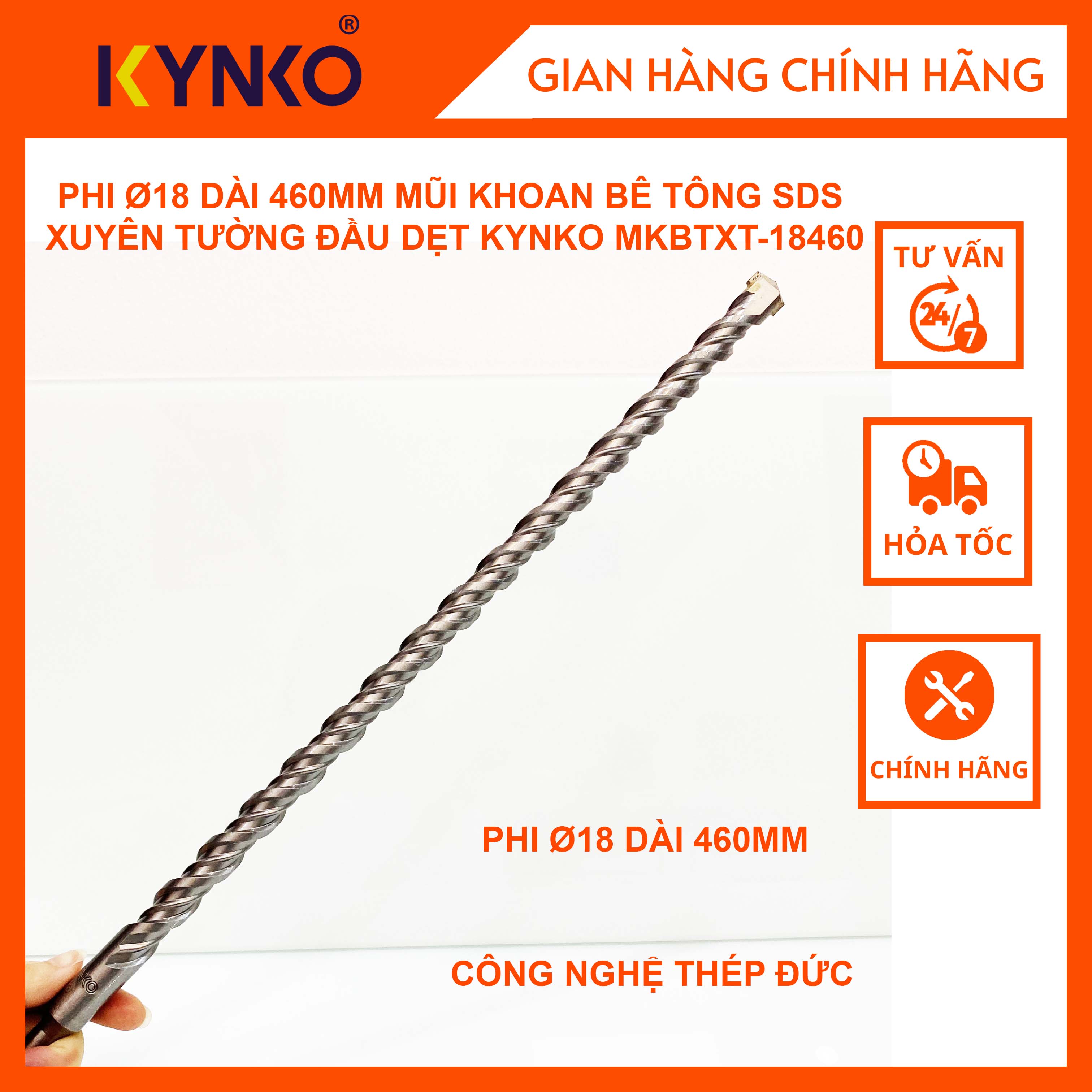 PHI Ø18 DÀI 460MM MŨI KHOAN BÊ TÔNG SDS XUYÊN TƯỜNG ĐẦU DẸT KYNKO MKBTXT-18460