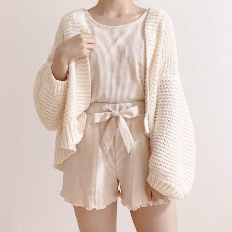 Nữ - Bộ mặc nhà áo ngắn tay quần cộc chất thun tăm mềm mại nơ eo - Waist Ribbon Rib Lounge Set