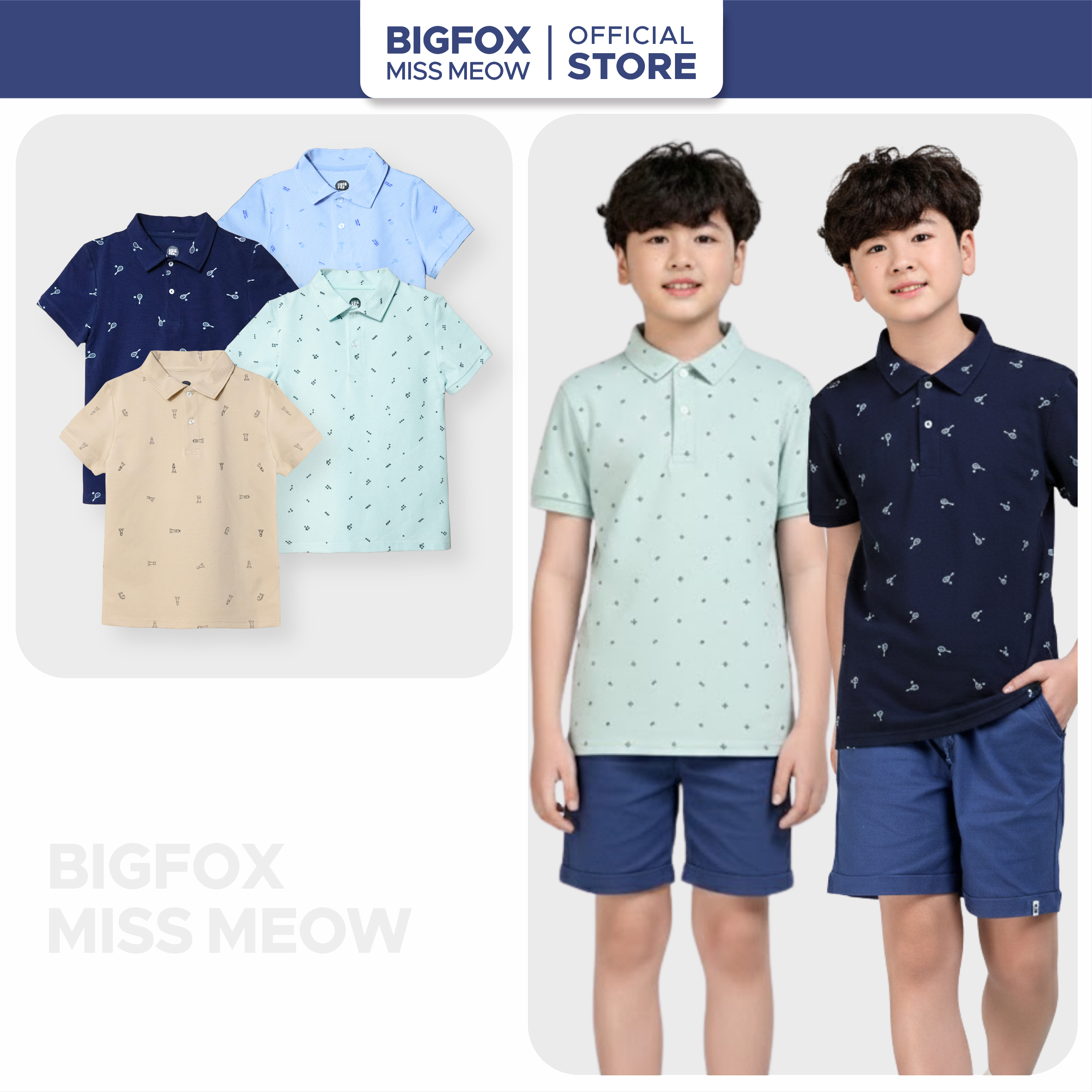 Áo polo bé trai ngắn tay Bigfox Miss Meow size đại sơ mi trẻ em nam thun cotton cá sấu cỡ 7-15 tuổi