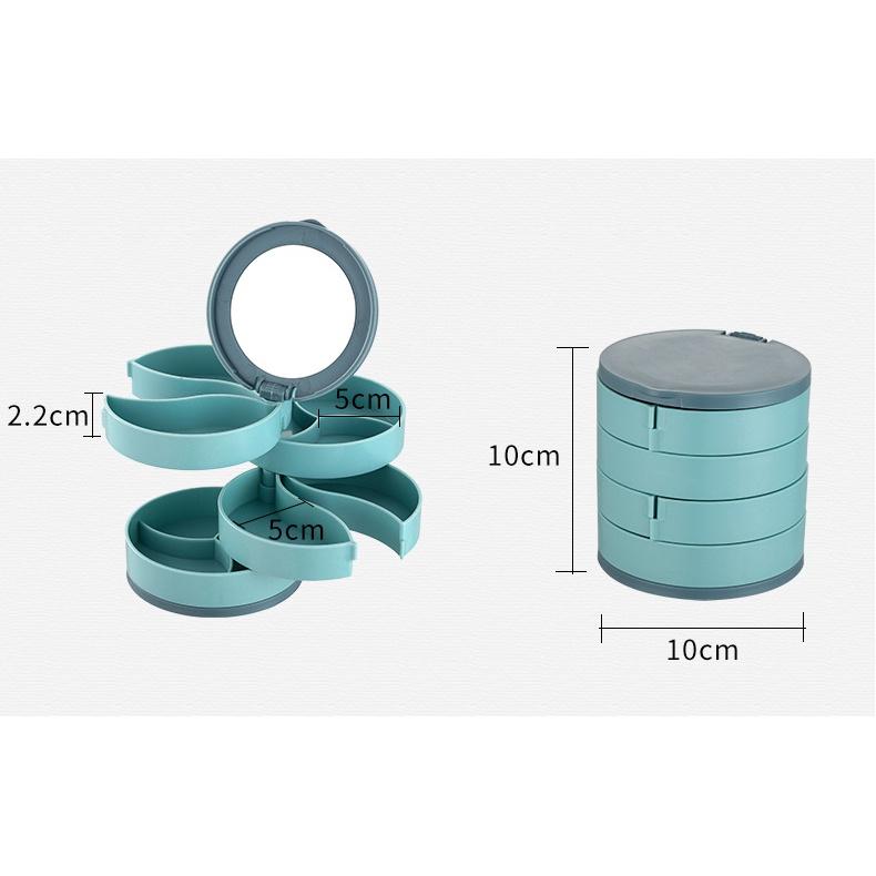 Hộp tròn đựng đồ trang sức mỹ phẩm xoay 4 tầng có gương