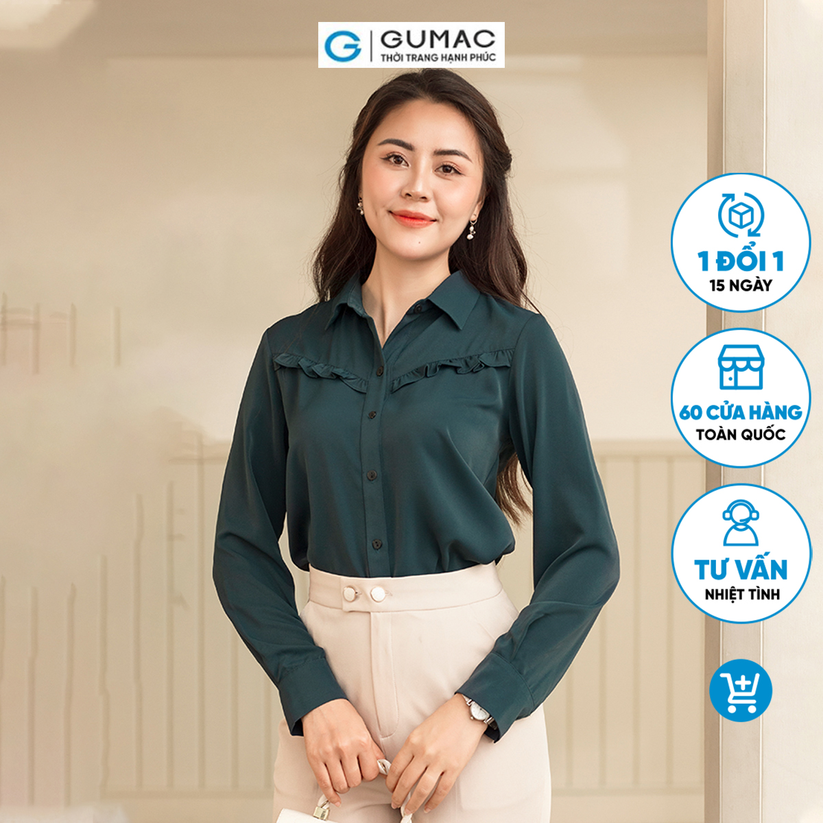 Áo sơ mi nữ tay dài phối bèo tạo kiểu nữ tính thanh lịch thời trang GUMAC AD06010