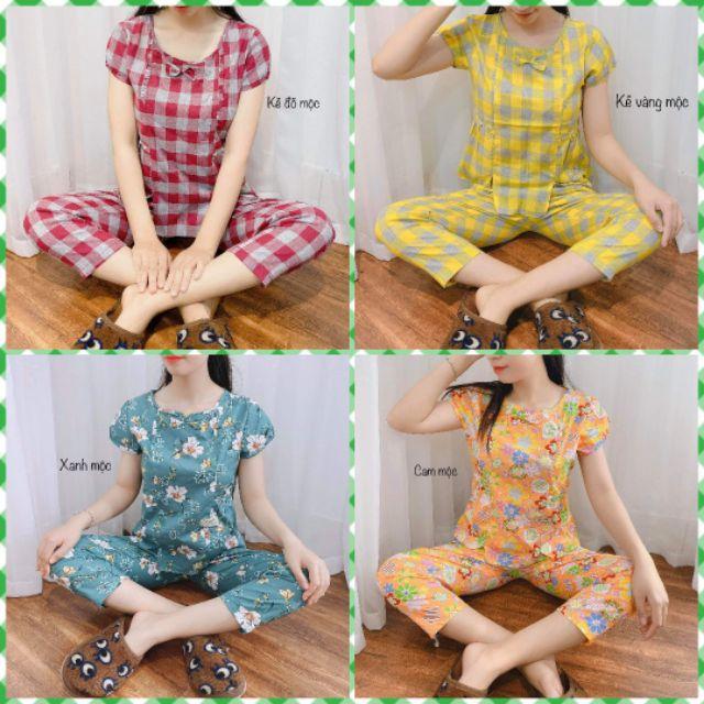 Quần áo mặc nhà kẻ xinh cổ nơ 4 màu ảnh thật