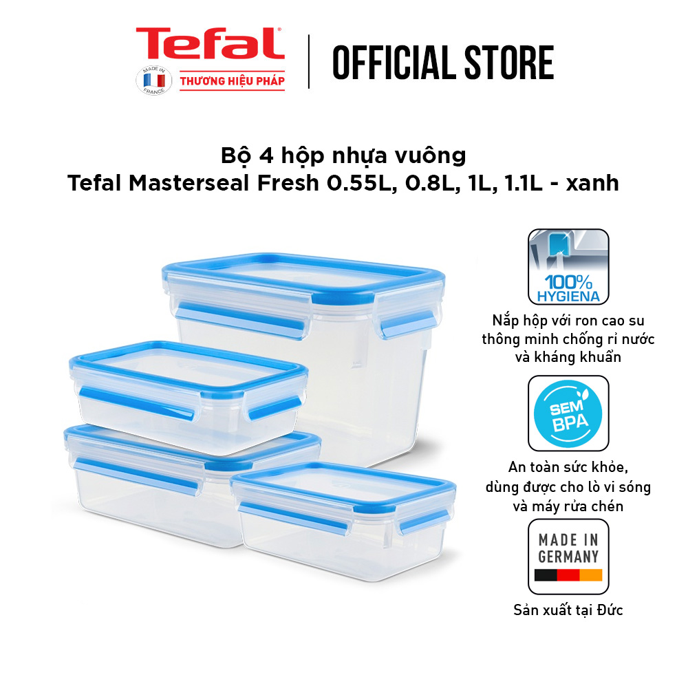 Bộ 4 hộp bảo quản thực phẩm nhựa BBA free, Tefal Masterseal Fresh, sản xuất tại Đức (550ml, 800ml, 1000ml, 1100ml) - Hàng chính hãng