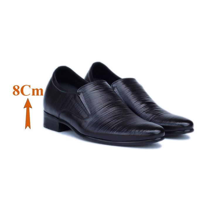 Giày Tăng Chiều Cao Nam T&TRA Tăng Cao 8Cm- S970 Đen Dập Vân Sọc- Chất Liệu Da Bò Cao Cấp, Đế Cao Su Ghép, Phần Tăng Cao Ẩn Bên Trong
