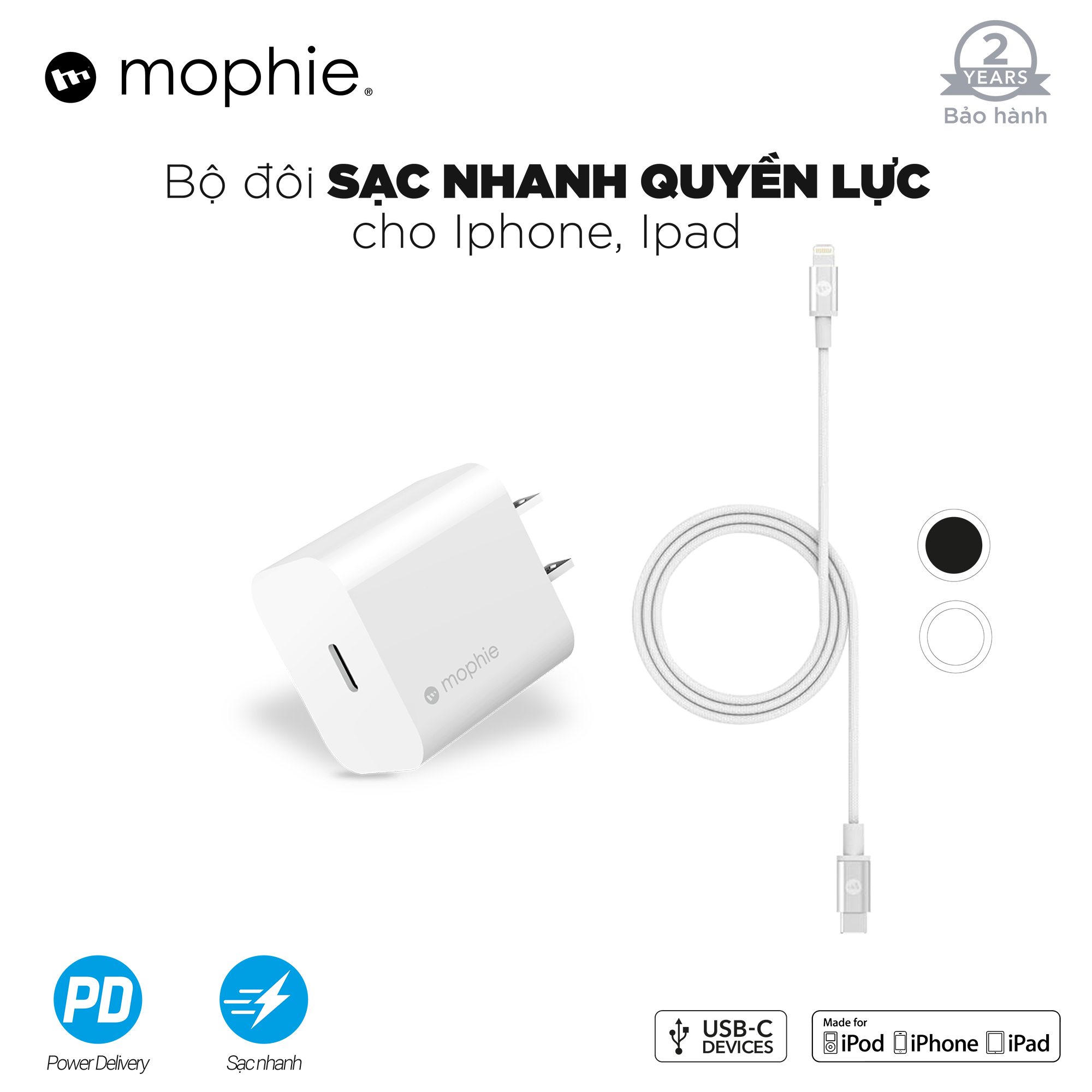 Combo sạc nhanh Mophie Power Delivery 20W USB-C - Cáp Mophie C to LN 1M - Hàng chính hãng