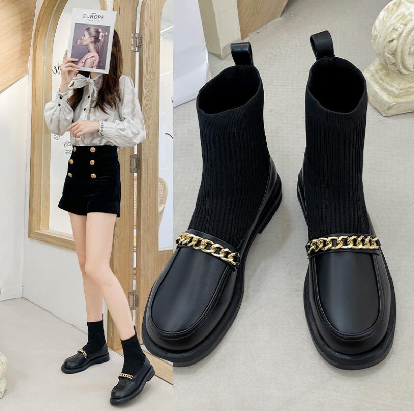 Đồng Hồ Nữ Co Giãn Giày Boot Cổ Ngắn Nữ Dệt Kim Khâu Tất Bốt 2021 Mới Dây Kim Loại Đế Bằng Nữ Giày Stovepipe Giày