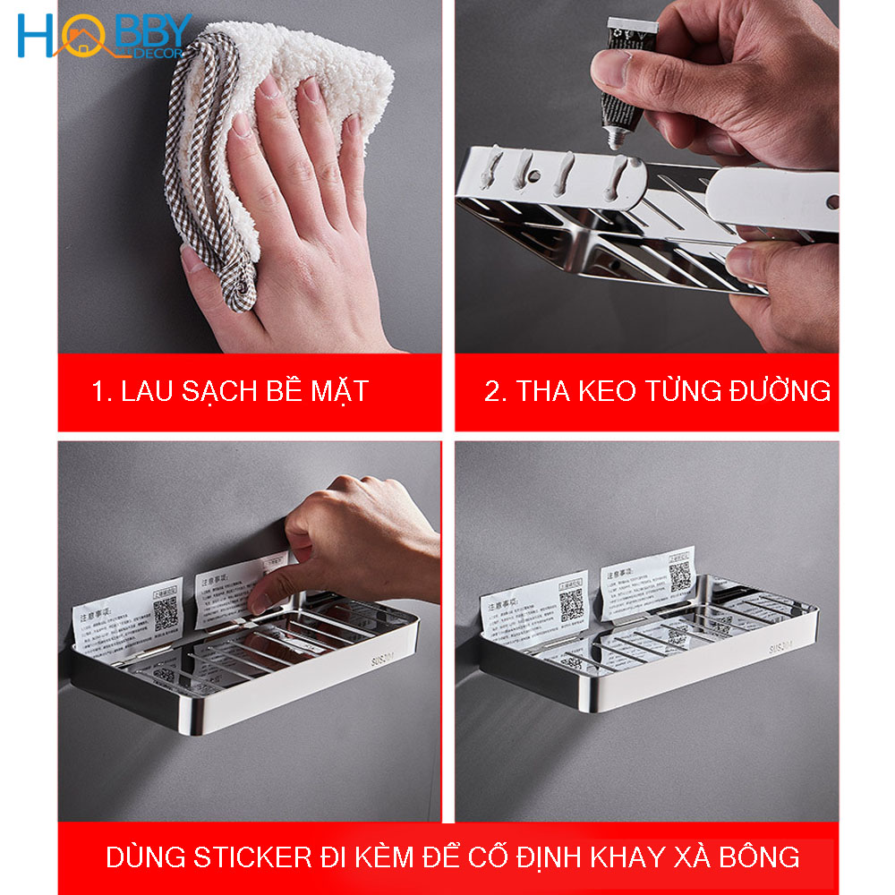 Kệ chữ nhật để đồ nhà tắm dán tường inox 304 Hobby Home Decor KCN1 có keo dán và đinh ốc