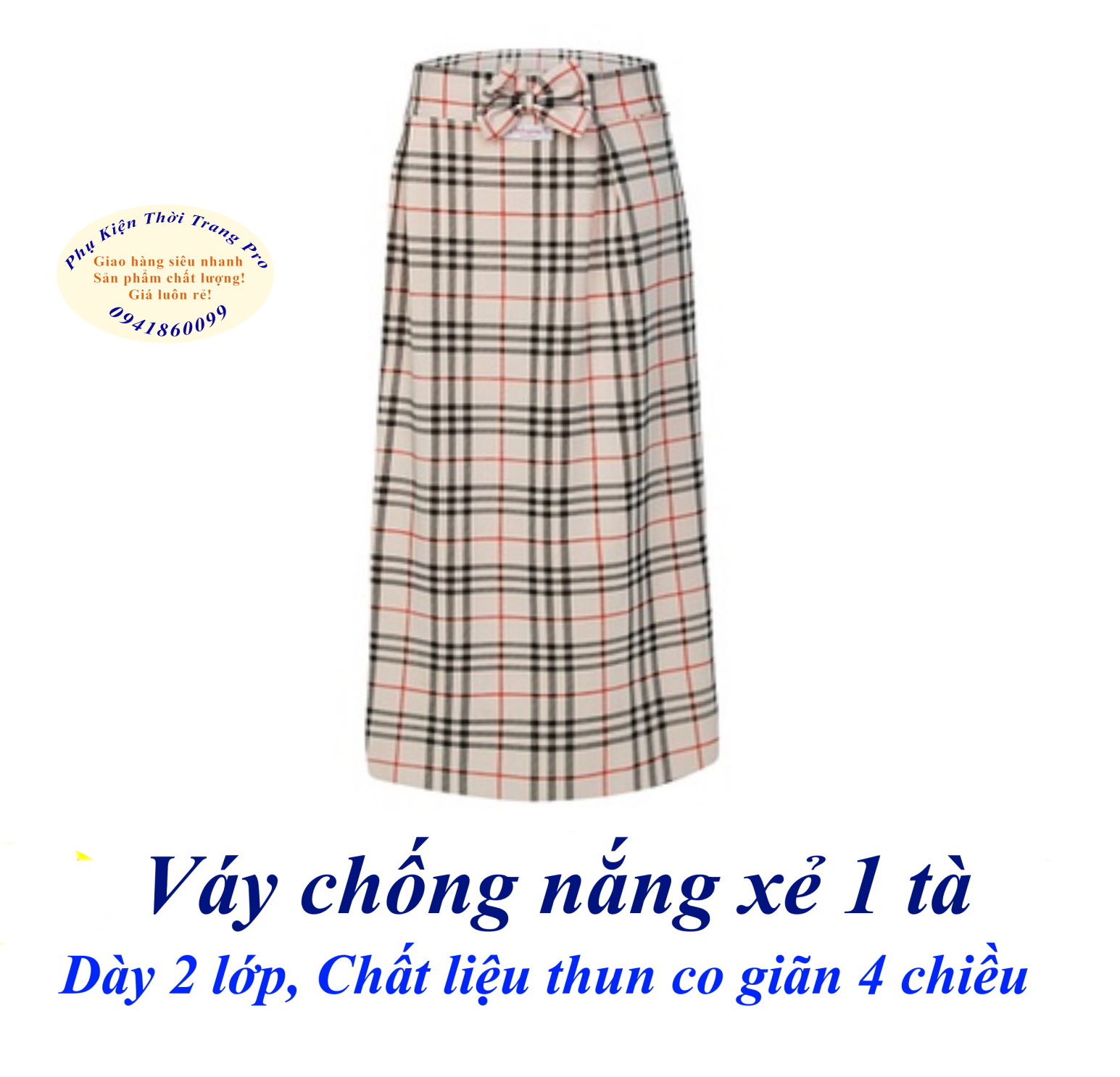 Váy chống nắng xẻ 1 tà Dày 2 lớp, Chất liệu vải thun 4 chiều siêu co giãn, In sọc đen đỏ, Chống nắng, Bảo vệ đôi chân