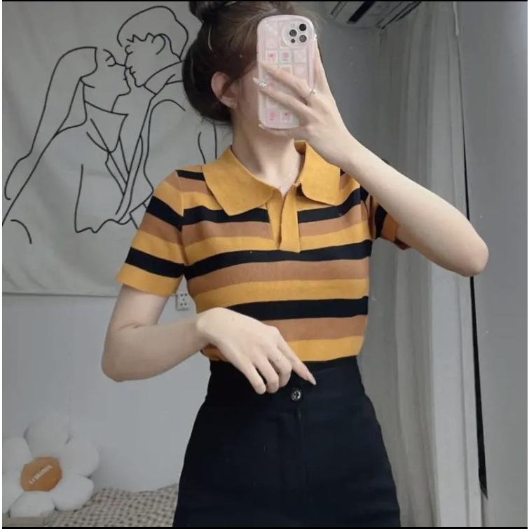 Áo len Montoghi dệt kim cổ đức SỌC 3 MÀU phối ĐỀU phong cách thanh lịch