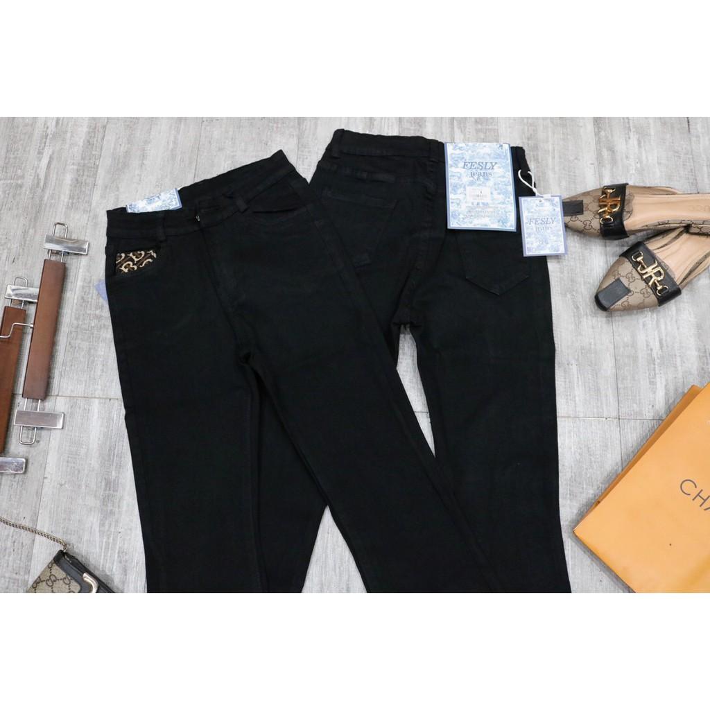 Quần Jeans Nữ Ống Loe Đen Trơn Tua Gấu