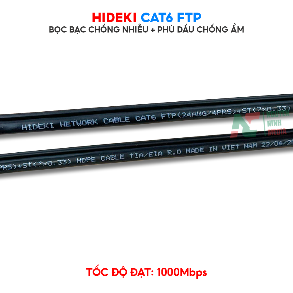 Dây Mạng Ngoài Trời HIDEKI CAT6 FTP 8 Lõi Đồng Nguyên Chất, Bọc Bạc Và Có Sợi Thép Chịu Lực, Vỏ HDPE Siêu Bền - Hàng Chính Hãng
