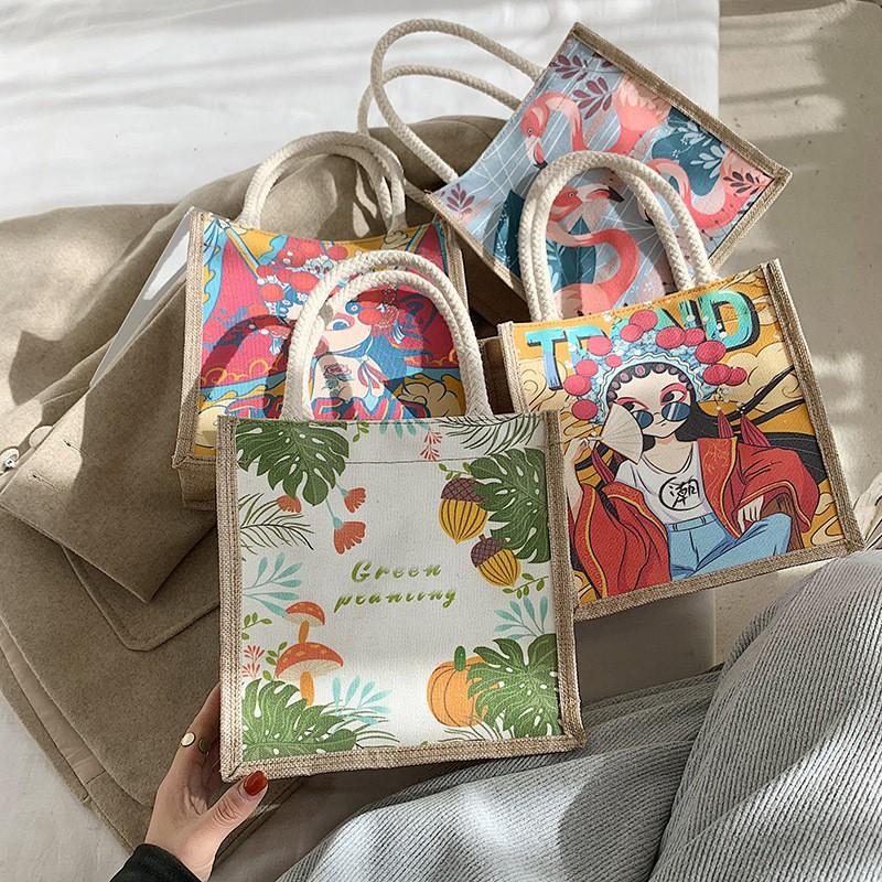 Fashion Personalized Patterns Canvas Bag Women's Bag Portable Lunch Bag Handbag Cute Hand Carrying Lunch Box Bag
