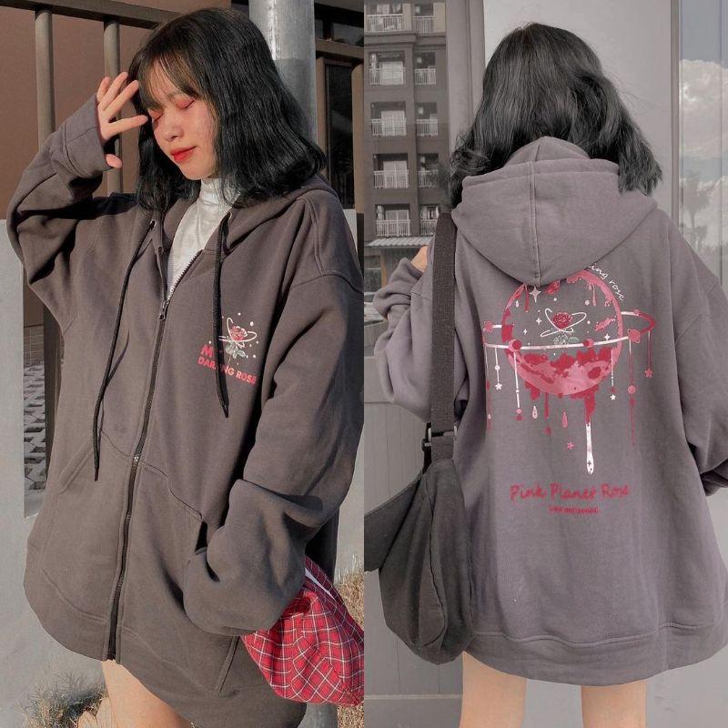 Áo Khoác Nỉ Bông PLANET ROSE Phối Dây Kéo Form Rộng Ulzzang