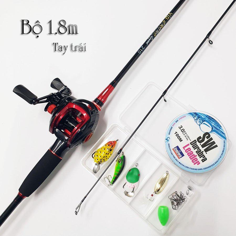 Bộ cần câu lure máy ngang cao cấp Crono đen đỏ tặng kèm dây câu lure và bộ mồi câu BCM18 - Ngang