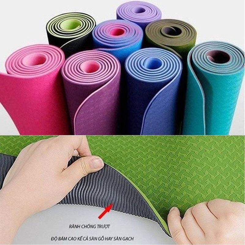 Thảm tập yoga gym thể dục chống trượt tại nhà tpe cao cấp 2 lớp dày 6mm cao su du lịch dây túi chính hãng BH 12 tháng