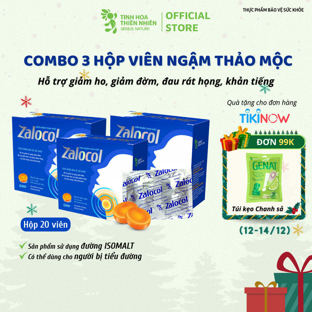 Combo 3 hộp 20 viên - Viên ngậm ho thảo mộc Zalocol Hỗ trợ giảm đờm, đau rát họng, khản tiếng - Genat - Giao 2H HCM