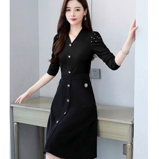Đầm váy nữ dự tiệc sơ mi ôm body tay lững đính nút đen sang trọng quý phái