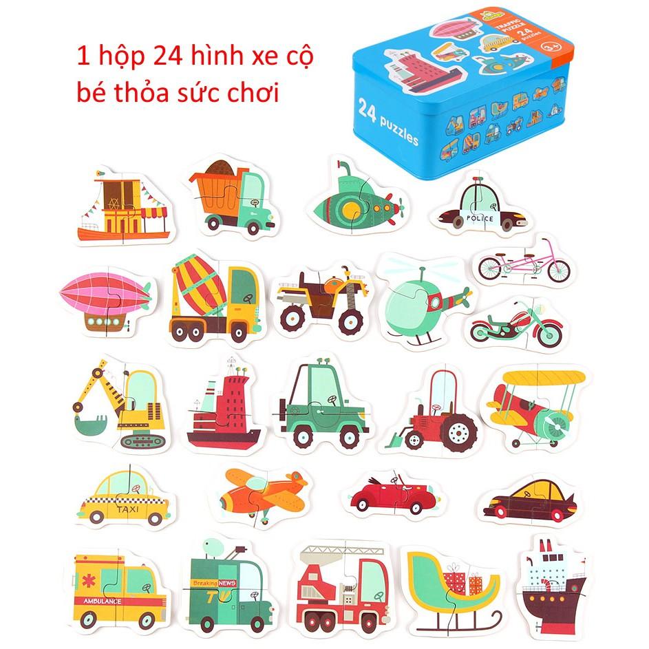 Xếp hình cho bé Puzzle 2 mảnh ghép 24 hình xe cộ hộp thiếc cho bé tập ghép