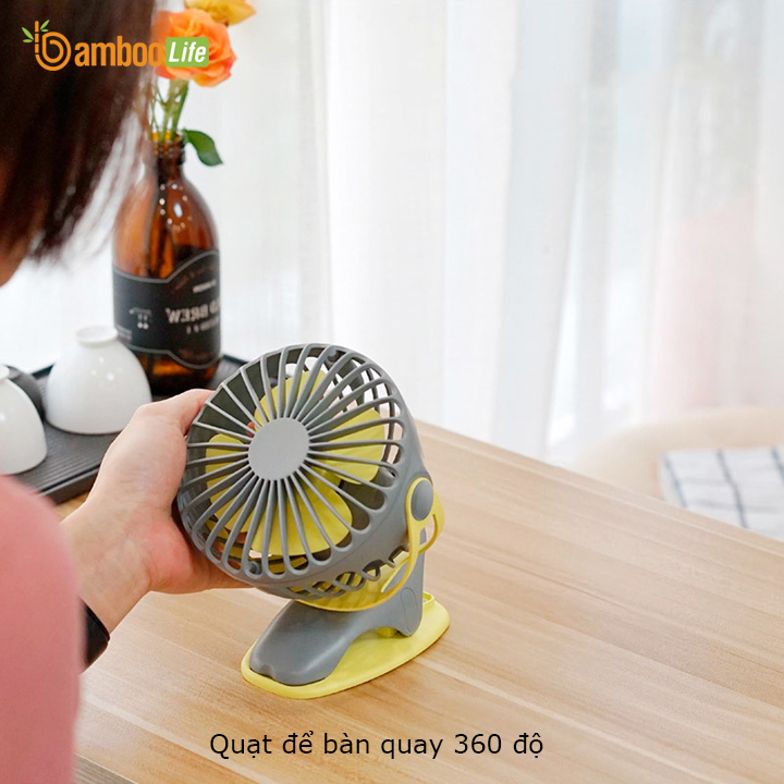 Quạt mini, quạt tích điện để bàn cầm tay Bamboo Life chính hãng dung lượng pin 4000mAh xoay 360 độ sạc pin kẹp nôi kẹp xe đẩy cho bé