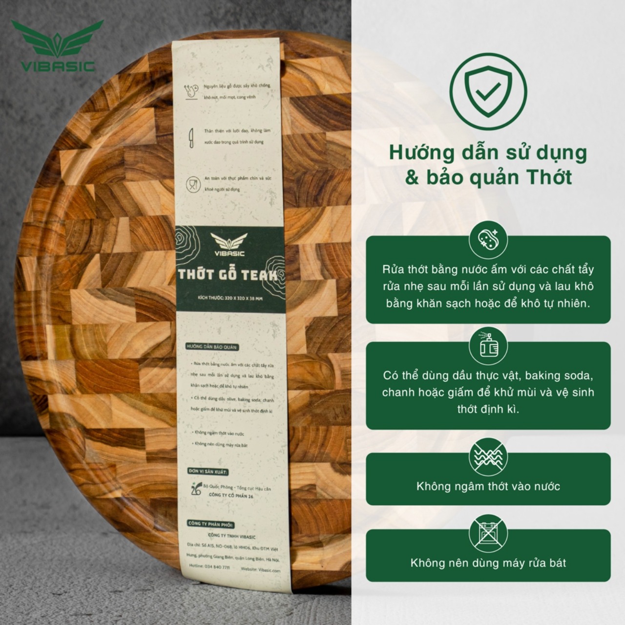 Thớt Chặt Gỗ Teak Vibasic ghép dựng block, kích thước 320x38mm, thớt tròn - Hàng chính hãng Bộ Quốc Phòng