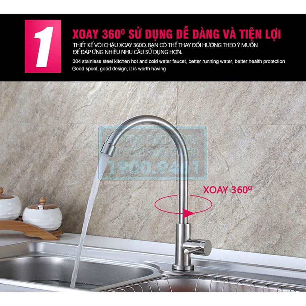 Vòi rửa chén bát xả lạnh, dòng cắm chậu, chất liệu inox nguyên khối 304 chống bám vân tay chống rỉ tuyệt đối