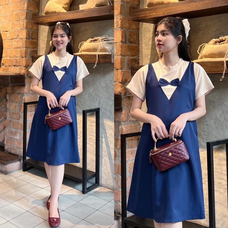 Đầm bầu yếm liền công sở cổ bèo tim đính nơ chất cotton lạnh mềm mịn dễ thương - Xanh rêu