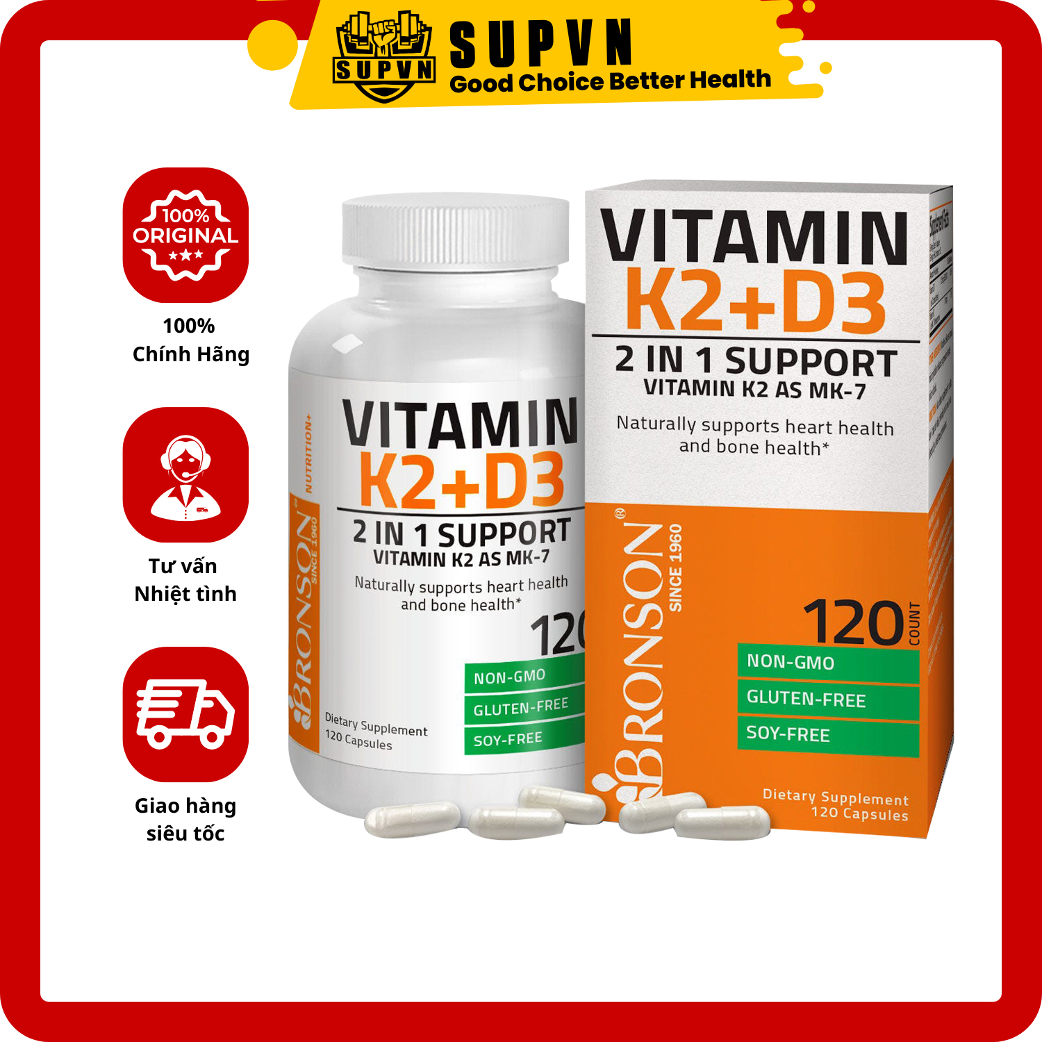 Vitamin K2 D3 - MK7 Bronson 250 Viên Hỗ trợ Giúp Xương Chắc Khỏe, Tăng Hóc Môn, Phát Triển Cơ