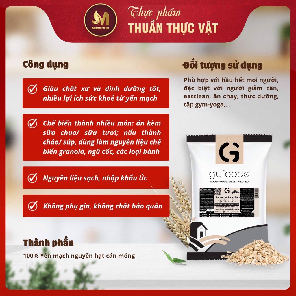 Yến Mạch Tươi Cán Mỏng  GUfoods 500g - Ăn Kiêng, Giàu Chất Xơ, Hỗ Trợ Giảm Cân, Tập Gym, Eat Clean