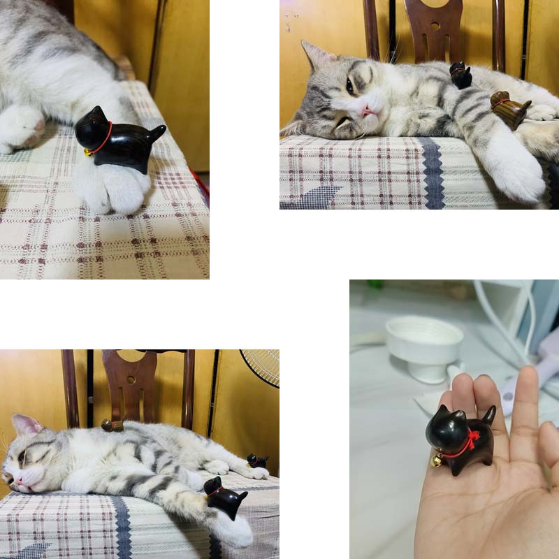 Gỗ Mun Chạm Khắc Mèo Đeo Chuông Dễ Thương; Làm Đồ Trang Sức, Móc Treo Chìa Khóa - Hàng Nhập Khẩu