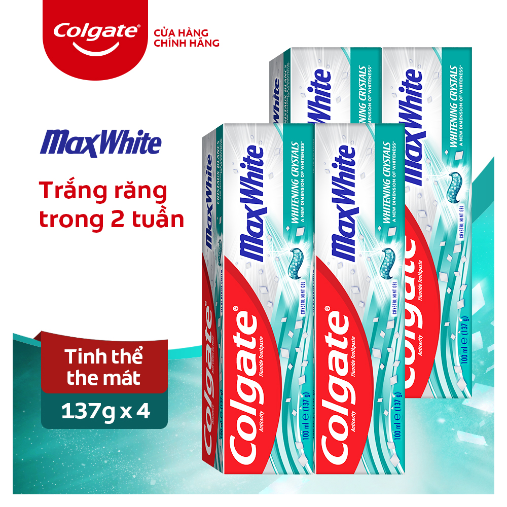 Bộ 4 Kem đánh răng Colgate MaxWhite tinh thể the mát, làm trắng răng trong 2 tuần 137g/ tuýp