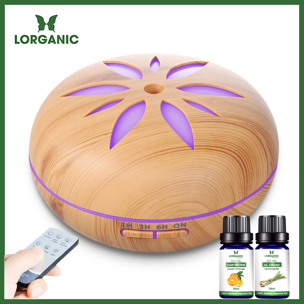 Máy khuếch tán/ máy xông tinh dầu hình hình cánh hoa mai gỗ vàng FX2031 + tinh dầu sả chanh + tinh dầu cam Lorganic