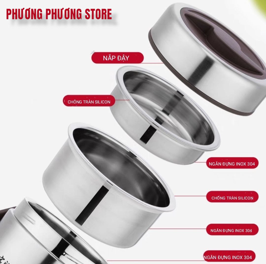 Cặp Lồng cơm, hộp cơm giữ nhiệt văn phòng chất liệu inox 304 cao cấp, cặp lồng cà men 3 tầng, nắp chống tràn, 1,6L / 2.0L
