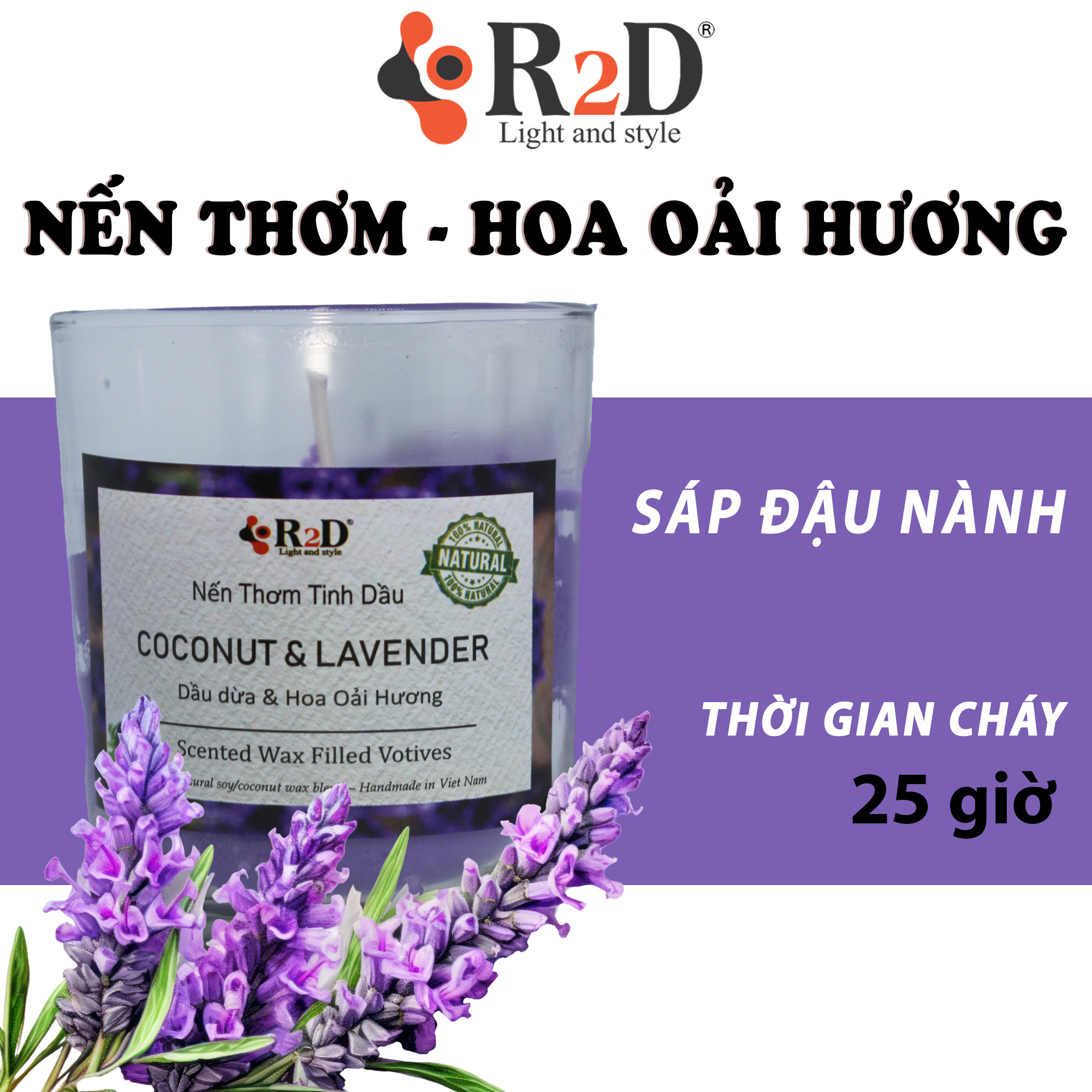 Nến Thơm, Tinh Dầu Coconut-Lavender, Nến Thư Giãn [Ly 300g], Đến Từ Shop R2D, Thành Phần Tự Nhiên, Lành Tính