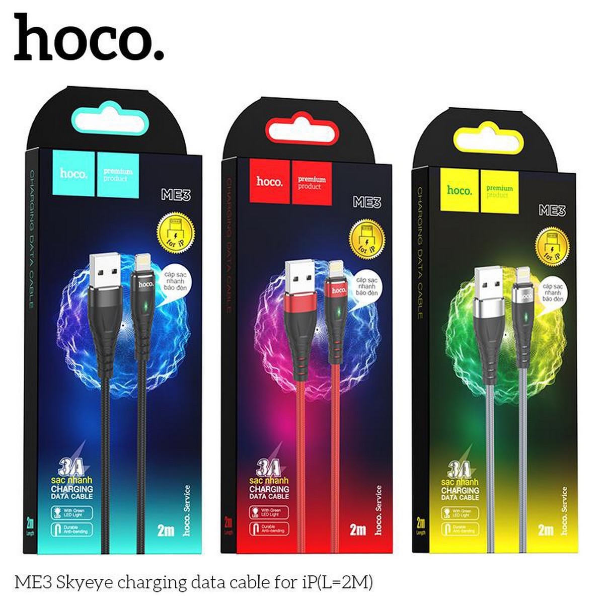 Cáp Sạc Dành Cho Hoco. Dây Dù ME3 3A Cho IP Có Led Dây Dài 2M Hàng Chính Hãng