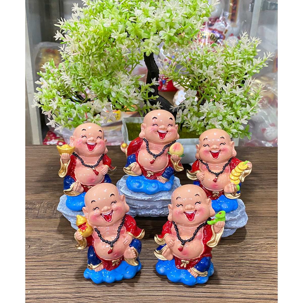 Bộ 05 tượng Di Lặc 7cm kèm chân đế giả đá size mini