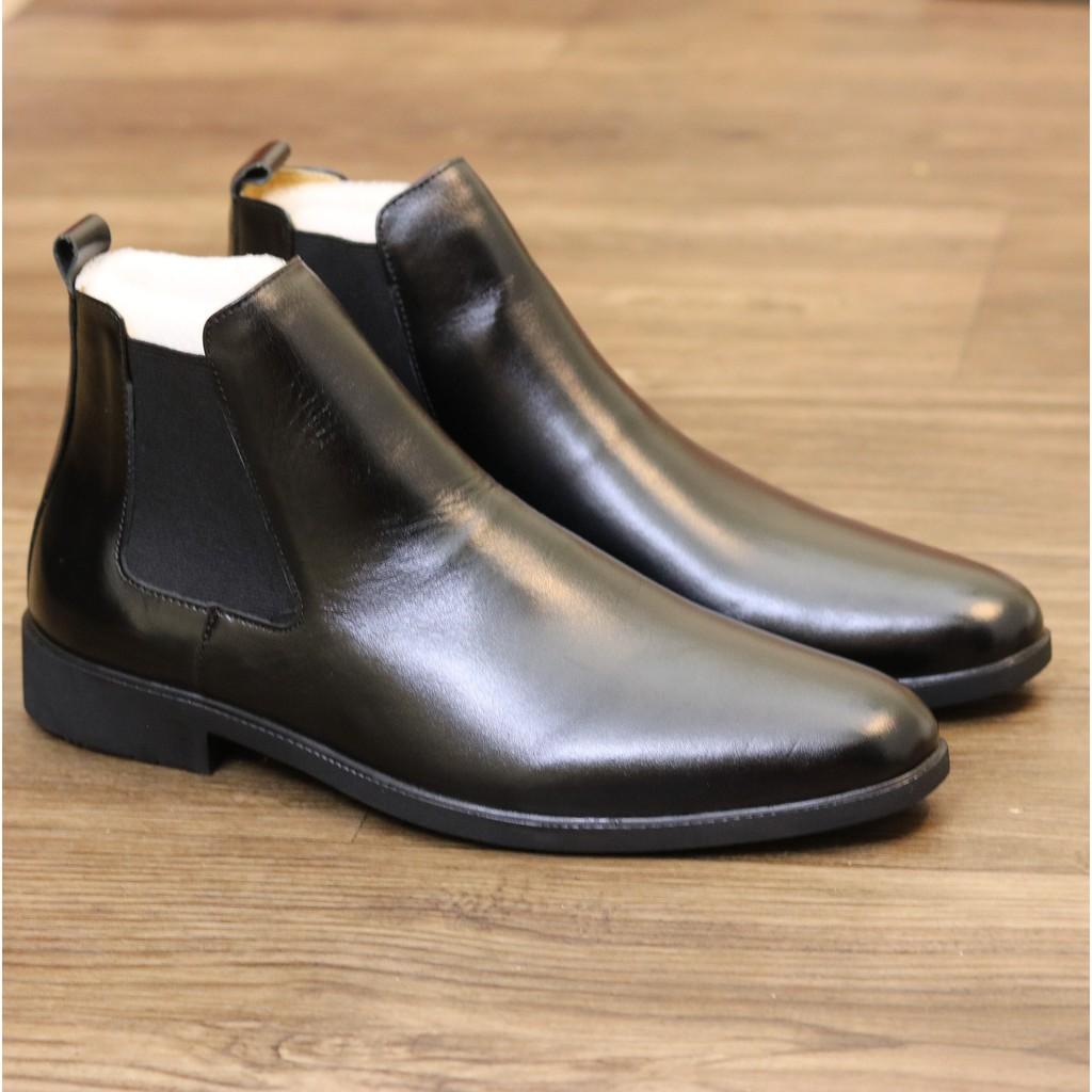 TẶNG LÓT TĂNG CHIỀU CAO - GIÀY CHELSEA BOOT NAM - DA BÒ 100%, ĐẾ CAO SU ĐÚC KHÂU - MÃ B001 ĐEN LÌ