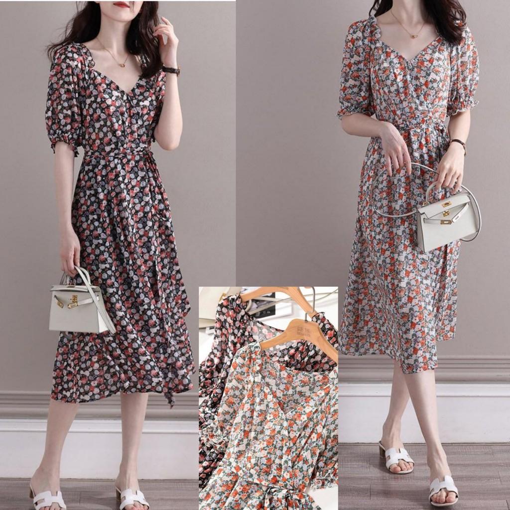 Đầm dự tiệc dáng dài midi hoa nhí tay lửng nhún bèo cột nơ ELIA DRESS