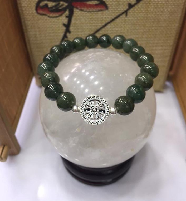 Vòng Tay Phong Thủy Ngọc Cẩm Thạch Jade 10 Ly Mix Charm Bánh Xe Pháp Luân Bạc 925