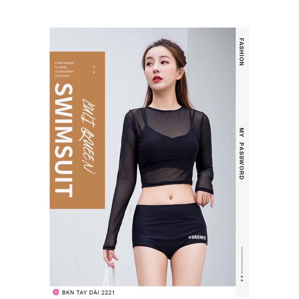 Bikini 3 mảnh dài tay Bộ bơi nữ áo lưới tay dài quần cạp cap sang chảnh