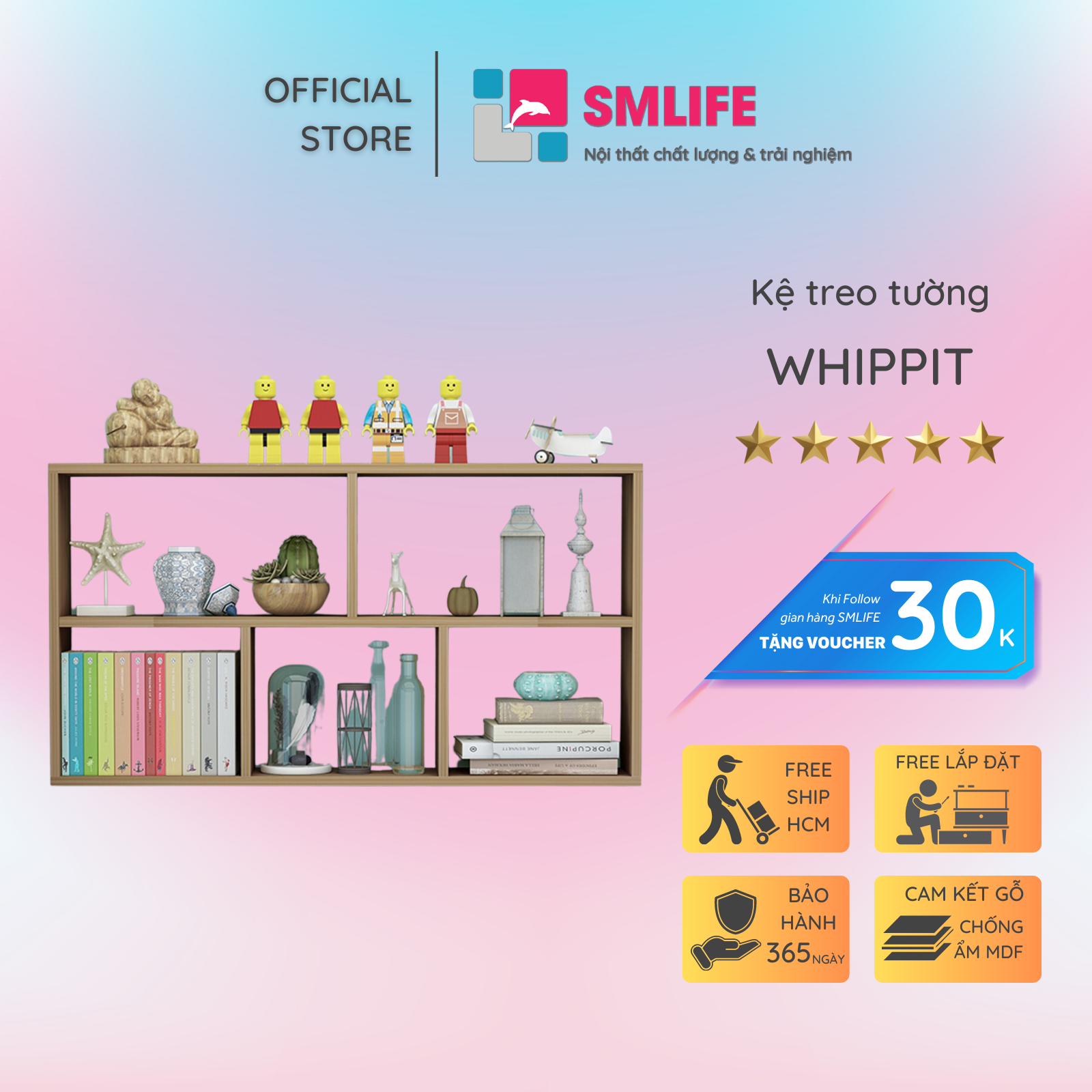 Kệ gỗ treo tường trang trí hiện đại SMLIFE Whippit | Gỗ MDF dày 17mm chống ẩm | D100xR20xC60cm