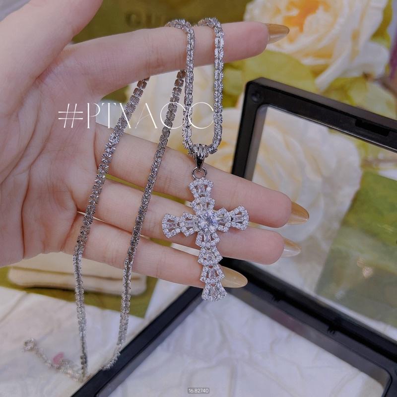 ᴾᵀᴺᵃᶜᶜ Dây chuyền xi bạch kim 4D + mặt thánh giá đính soàn . D374283