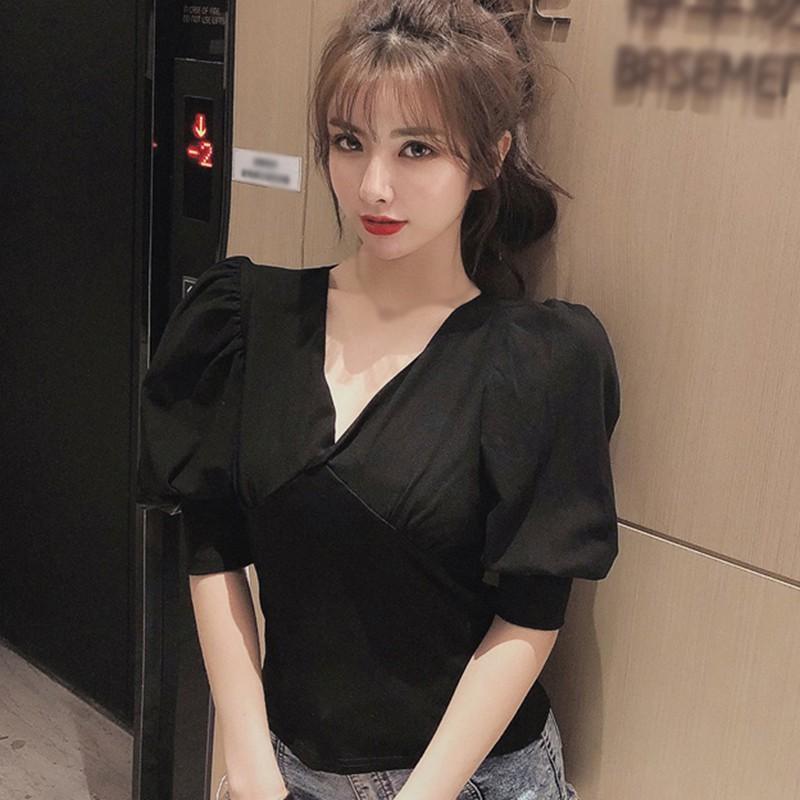 Áo Sơ Mi Tay Ngắn Cổ Chữ V Màu Trơn Thời Trang Dành Cho Nữ