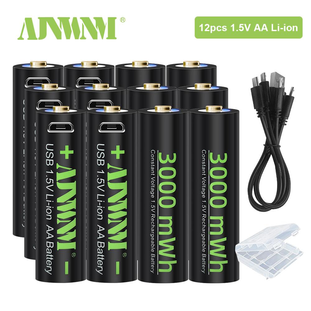 AJNWNM 1.5V USB AA Pin có thể sạc lại 3000mWH 1,5V Pin lithium AA cho máy ảnh đèn pin Đồ chơi điều khiển từ xa với USB C