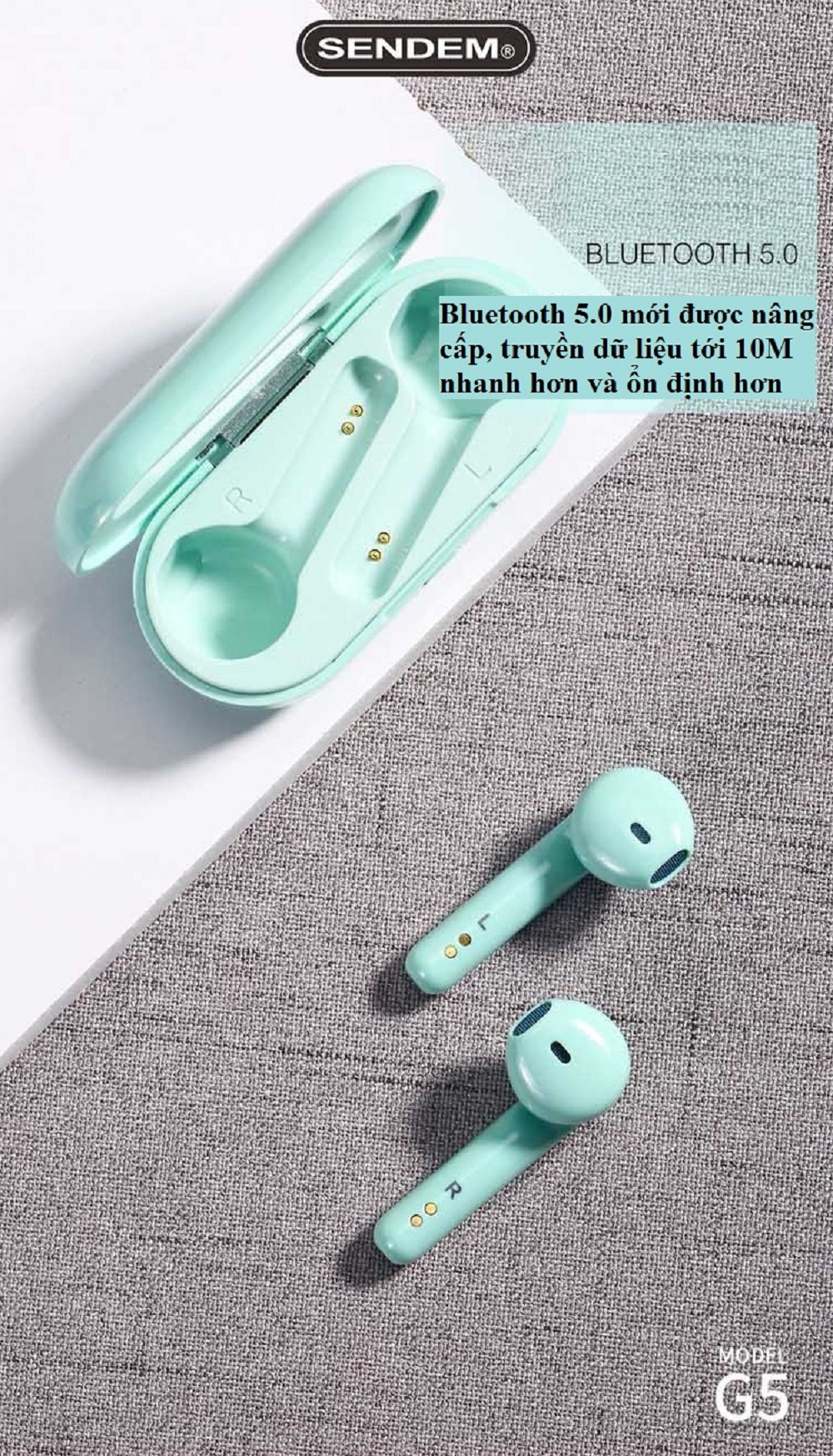 Tai nghe Bluetooth V5.0 True Wireless TWS SENDEM G5 hàng cao cấp - Thiết kế thời trang - Cài tai chắc chắn - Âm thanh cực đỉnh - Công nghệ CVC chống ồn tốt - Hàng chính hãng