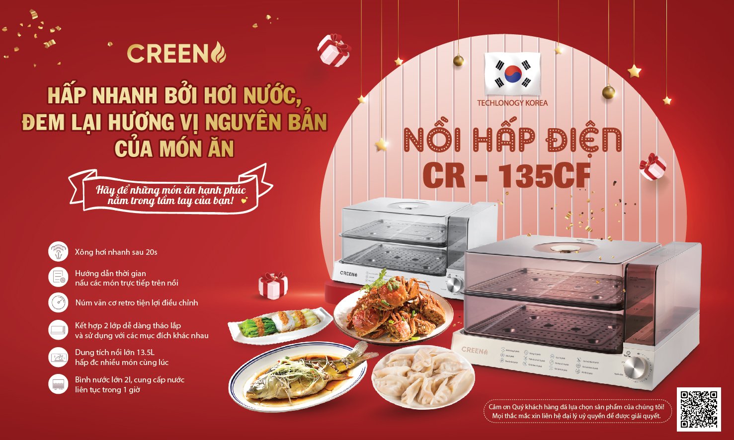 Nồi Hấp Điện Hơi Nước Đa Năng 2 Tầng CREEN CR-135CF, Dung Tích 13.5 Lít, Nồi Hấp Thông Tầng Công Nghệ Hàn Quốc - Hàng chính hãng