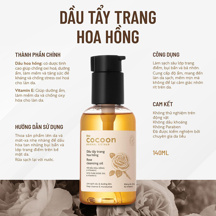 Combo sạch sâu cấp ẩm Cocoon : 1 nước tẩy trang hoa hồng 500ml + 1 dầu tẩy trang hoa hồng Cocoon 140ml