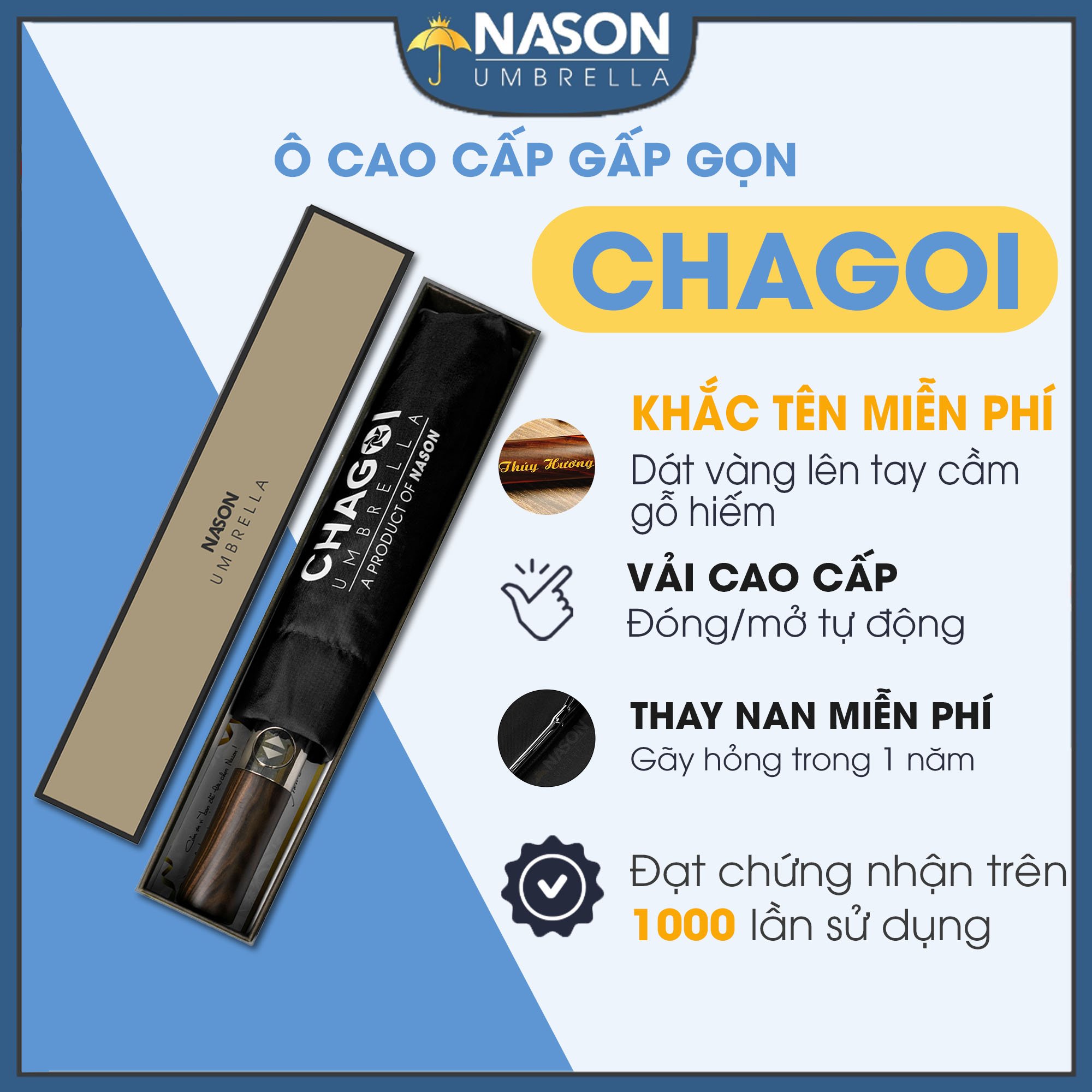 Dù tự động gấp gọn Nason Umbrella Chagoi cán gỗ hiếm, khắc tên, logo dát vàng, dù gấp gọn che nắng che mưa chống tia UV 