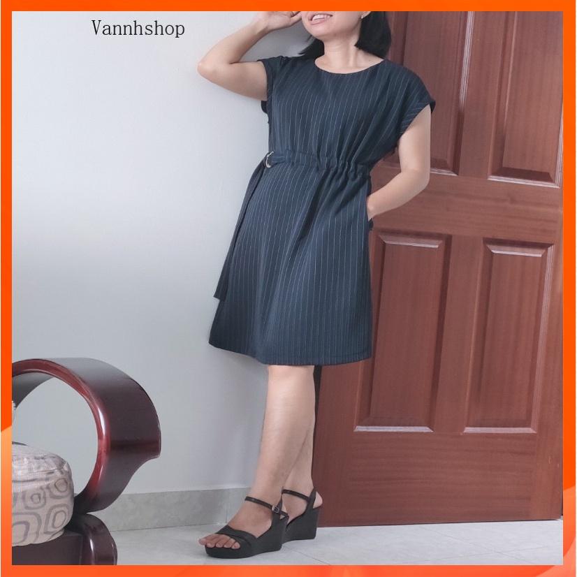 Đầm nữ dáng suông cổ tròn kẻ sọc kèm thắt lưng phong cách công sở -Thiết kế Vannhshop Ms D011