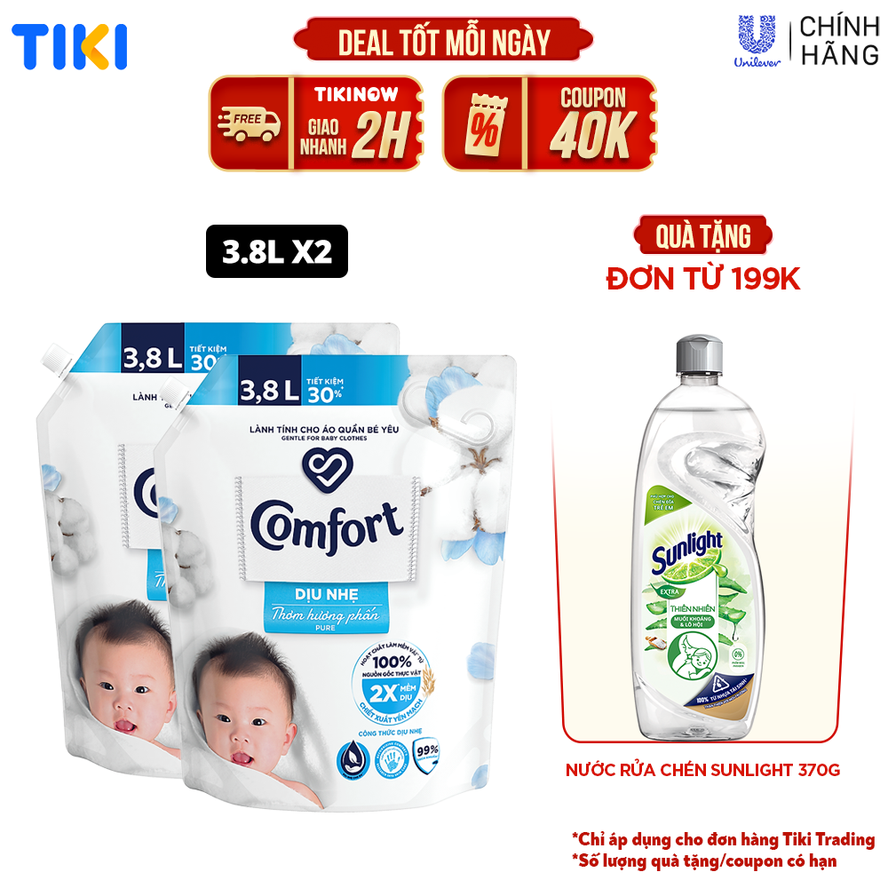 Combo 2 túi nước xả vải em bé Comfort cho da nhạy cảm với công thức riêng dịu nhẹ 100% nguồn gốc thực vật, Túi 3.8L