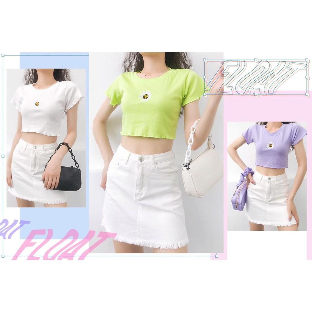 ÁO CROPTOP THUN ÔM BODY CO GIÃN - ÁO KIỂU CRT NGẮN TAY TRƠN BASIC THÊU HOA CÚC